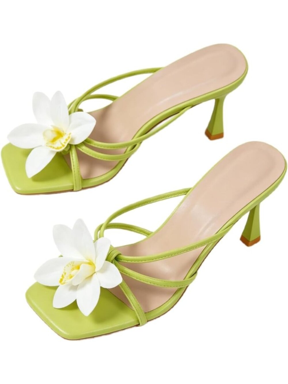 Women's Green Open Toe Floral Kitten Heels Flower Summer Beach Sandals Heel